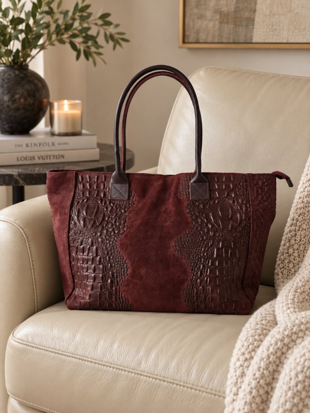 Burgundy Suede Tote Bag, Large Italian Leather Shopper, Croc Embossed Purse
